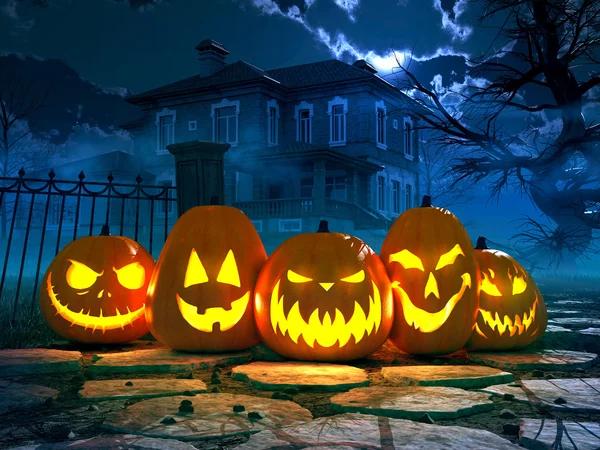 Halloween night background with scary house. 3d rendering