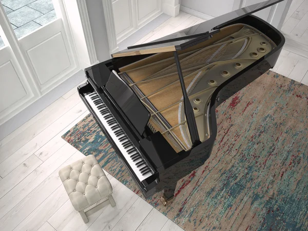 Black piano in a living room. 3d rendering