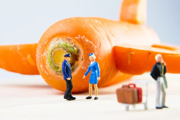 Tiny toy traveling by plane made from carrots.