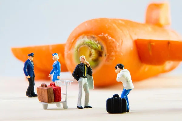 Tiny toy traveling by plane made from carrots.
