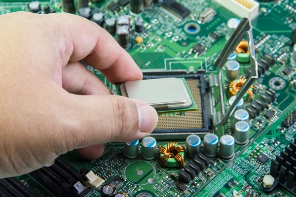 CPU in hand before installation into the motherboard