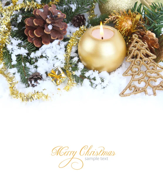 Christmas border with red bauble, golden present and snow