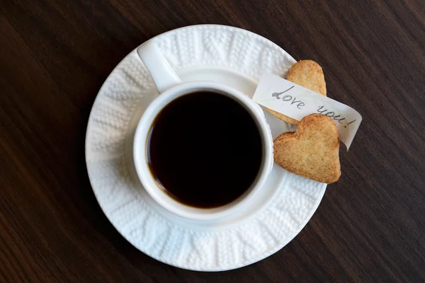 Cup of Hot Coffee, Heart Shaped Cookies and Love You Note