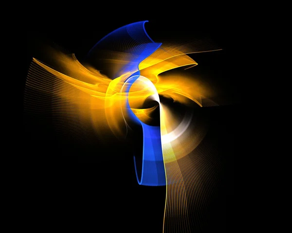 Abstract fractal design. Yellow and blue curve on black.