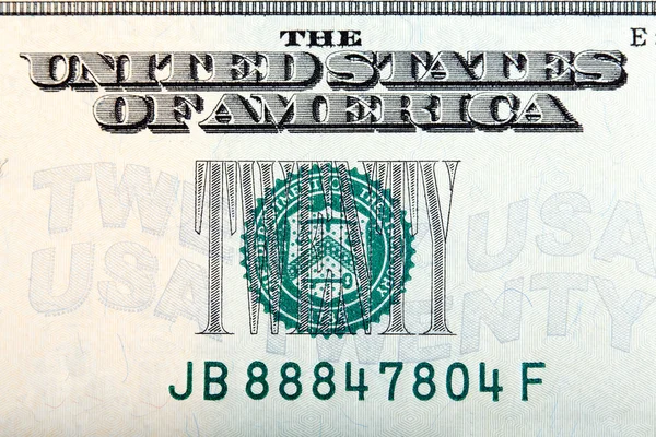Twenty dollar sign on the twenty dollar bill, macro shot