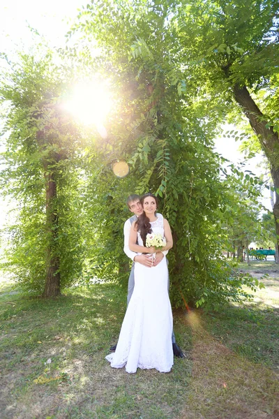 Young bride and groom walk in nature on the wedding day