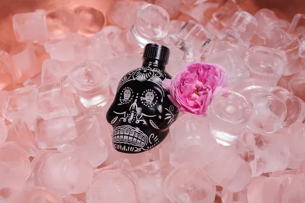 Human crystal head skull black bottle on ice with rose