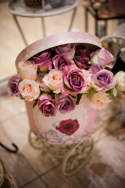 Bouquet of beautiful pink roses in box