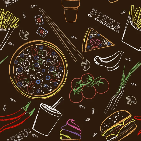 Fast food, pizza, menu , drawing with chalk on a blackboard, pattern , vector