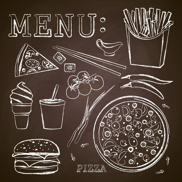 Fast food, pizza, menu , drawing with chalk on a blackboard , vector