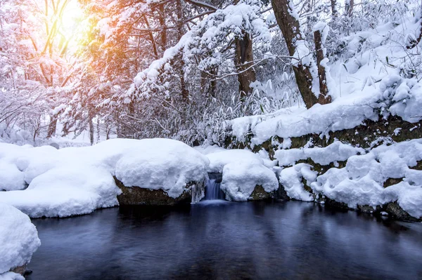 Winter landscape, Waterfall and river on the forest in winter.