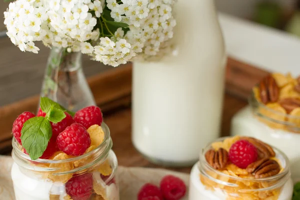 Yogurt for breakfast with nuts, raspberry and milk.