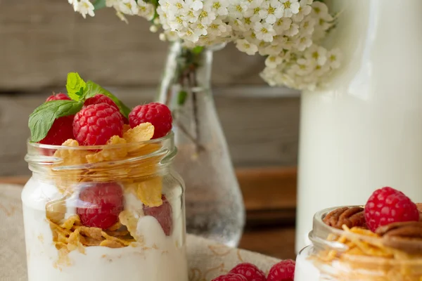 Yogurt for breakfast with nuts, raspberry and milk. Diet for Women