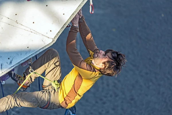 Climber hanging on climbing Wall at Competitions