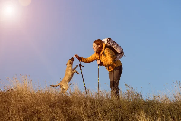 Female hiker and dog on pathway