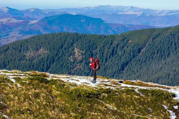 Energetic male Hiker Staying on Trail and Observing Scenic Mountain View