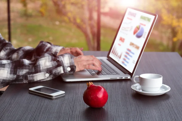 Person working out of Office sophisticated Charts on Screen