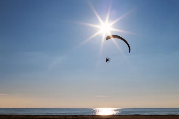 Paraglider flying near sun over  the sea and the beach