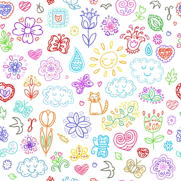 Spring doodles set. Hand draw flowers, sun, clouds, butterflies. Season of the blossom, illustration, cute background.