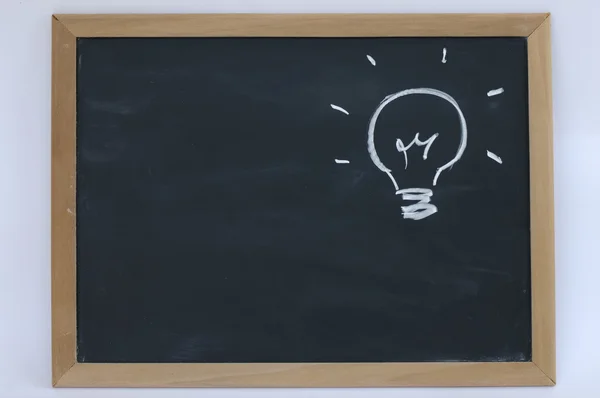 Drawing of a bulb idea on blackboard with wooden frame