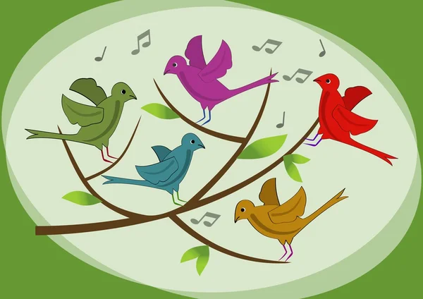 Beautiful colored birds on branch. Spring or summer illustration with birds. Singing birds on branch. Cute birds. Vector image with animals.