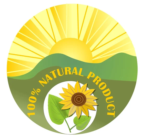 Contrasting label for natural product with sun, green landscape and sunflower