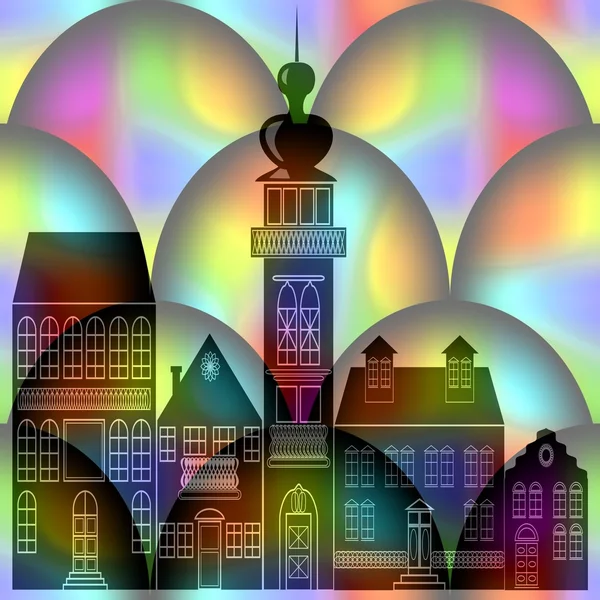Fantasy black town silhouette on rainbow spheres background