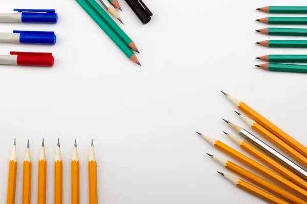 Pencil in yellow, green, silver color, pen
