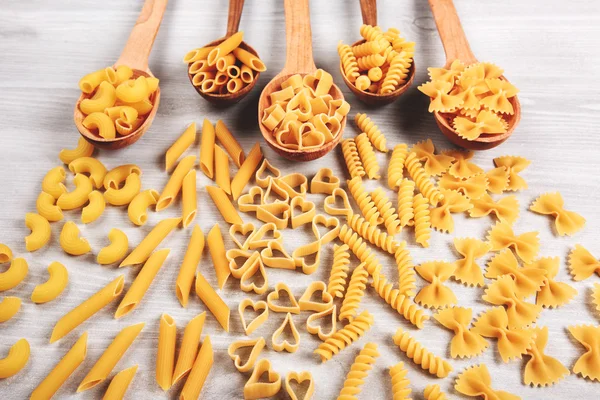 Different types of pasta lying in wooden spoons