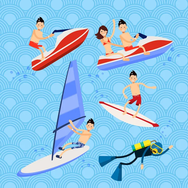 Set of vector characters - beach holiday on the water