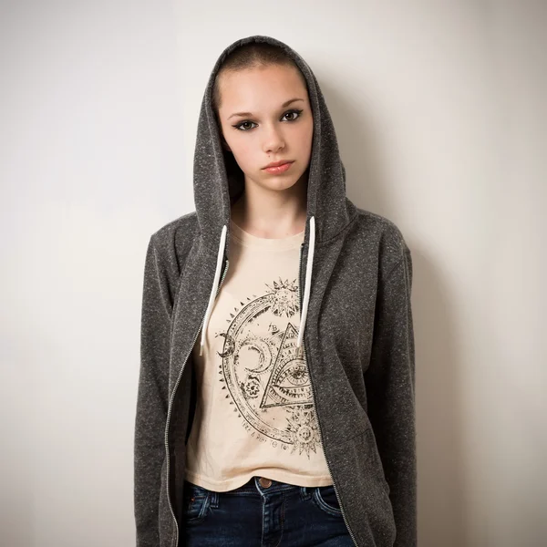 Beautiful Young Youth Girl With Shaven Head In Hoody
