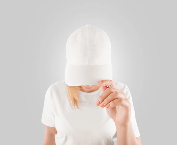 Blank white baseball cap mockup template, wear on women head