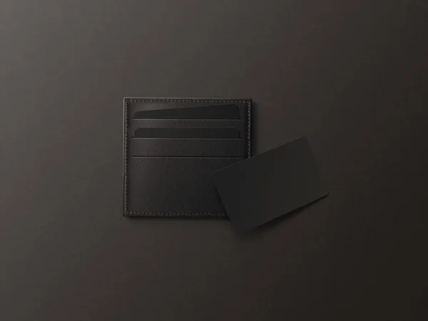 Leather card holder with blank black paper mock up isolated.