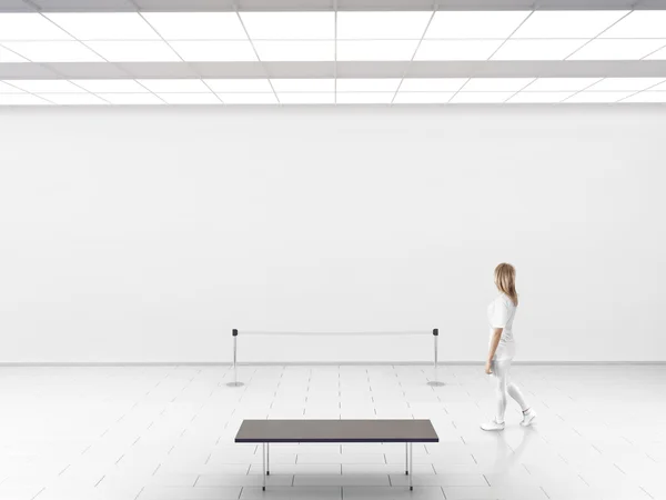 Modern gallery wall mockup. Woman walk in museum hall