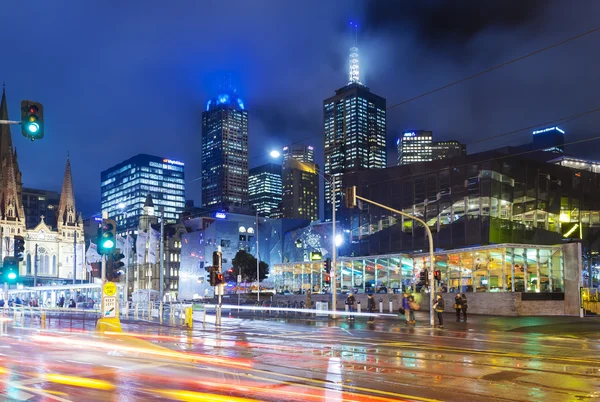 Modern buildings and busy traffic in downtown Melbourne