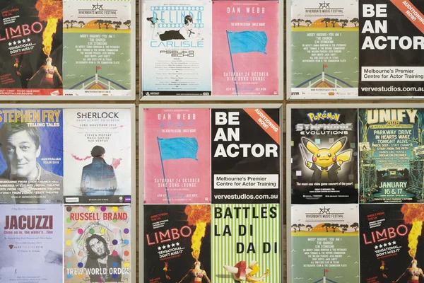 Event posters on a wall