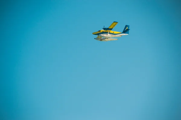Plane or seaplane flying in sky, copy space