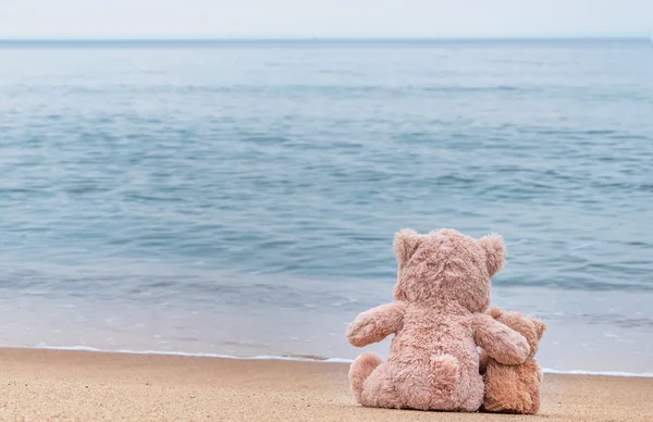 Teddy bears sitting on the beautiful beach with love. Concept ab