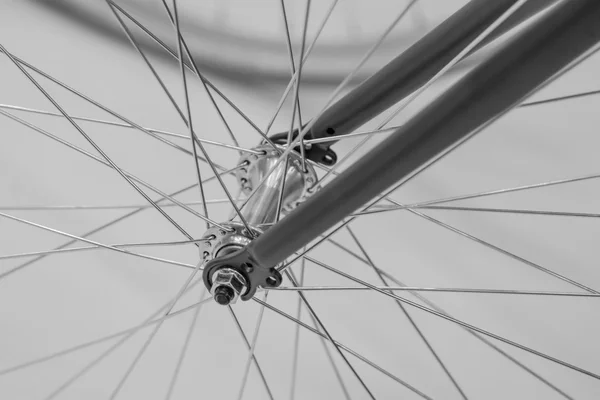 Bicycle spoke detail closeup. Black and white detail view with h