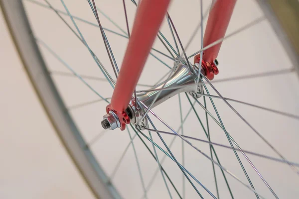 Bicycle spoke detail closeup. Detail view with hub and spokes of