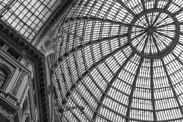 Multiple glass windows as part of domed ceiling. Black and white