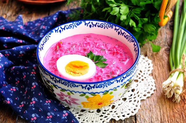 Cold summer soup made from boiled beets, eggs, cucumber, green onions and sour cream. Russian tradition.