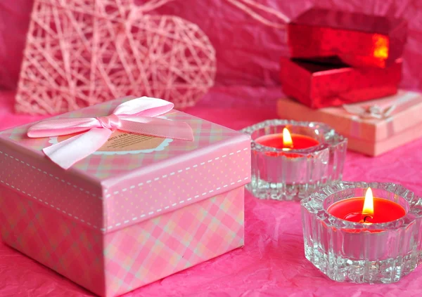 Valentines day card concept, Valentine gift, candles, gifts, surprises.