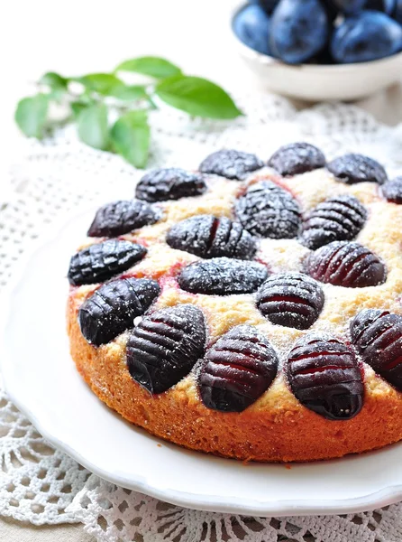 Organic plum cake with powdered sugar on a white background