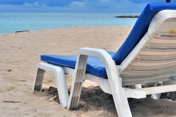 Blue deck chairs in front of beach