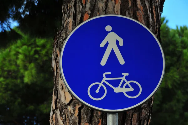 Street road sign with man (human) and bycicle on the wooden background. Man and bycicle silhouette road sign on the street.