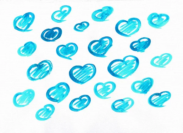 Set of blue watercolor love sweet hearts for greeting, valentines day card. Love watercolor hearts background. Love sweet heart shapes for greeting card. Set of love hearts. Love hearts retro pattern
