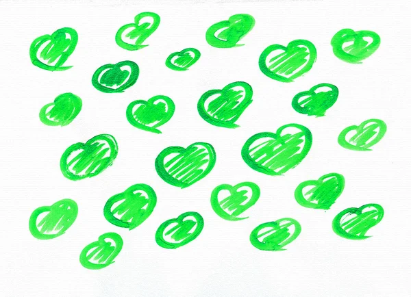 Set of green watercolor love sweet hearts for greeting, valentines day card. Love watercolor hearts background. Love sweet heart shapes for greeting card. Set of love hearts. Love hearts retro pattern