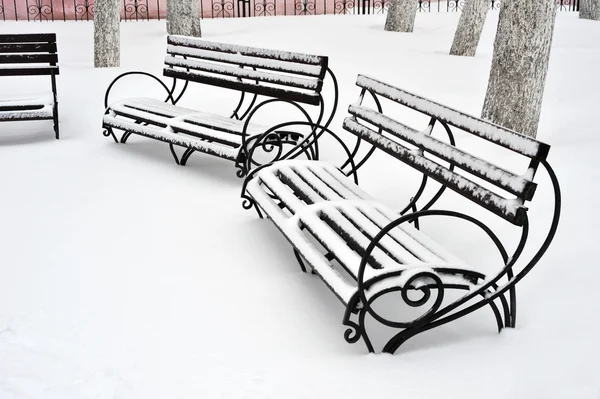 Outdoor furniture. Wood park bench. Winter park with snow surface bench. Park bench isolated. Two benches in the winter park.