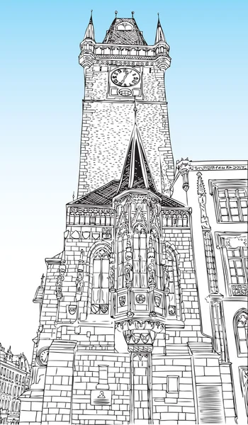 Prague town, Czech Republic. Astronomical Clock Tower side. Old Town Hall in the Old Town Square in European city, black & white vector sketch hand drawn collection. Famous, tourists & travel, popular historic city attraction, street and routes.
